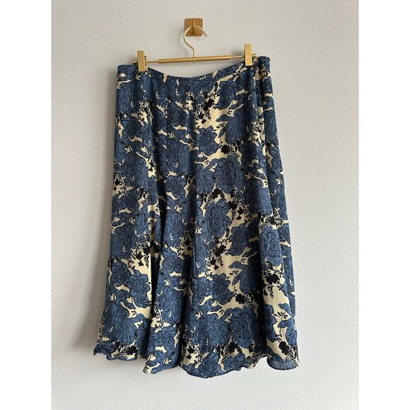 Jones New York 100% Silk Floral Midi Skirt Blue Cream A-Line Bias Cut Size 12 - Picture 1 of 7